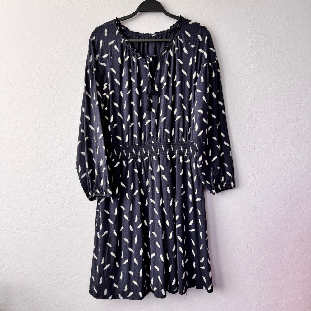 Garnet Hill Womens Dress Size L Navy Blue Feather Print Long Sleeve Tassel‎